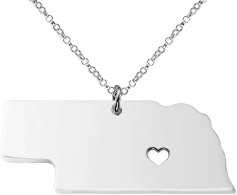 Stainless Steel I Love Nebraska Necklace, Cornhusker State Heart Map Pendant (Silver)